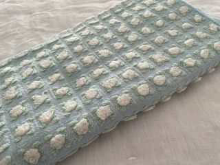 Vintage Chenille Bedspread Fabric Morgan Jones Rare White Rosebud On Blue Euc
