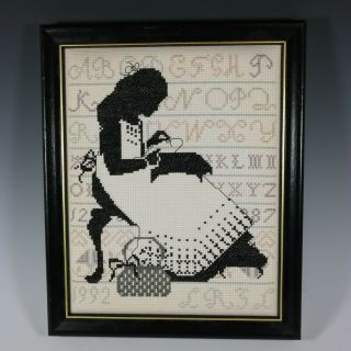 Vtg 1992 Completed Cross Stitch Sampler Woman Embroidering Framed Granny Chic