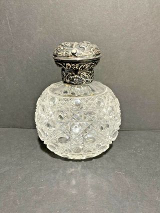 Vintage Cut Glass Perfume Bottle With Silver Repousse Hinged Lid & Glass Stopper