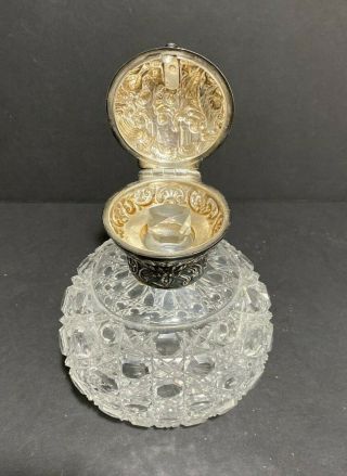 Vintage cut glass perfume bottle with silver repousse hinged lid & glass stopper 2