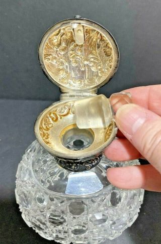Vintage cut glass perfume bottle with silver repousse hinged lid & glass stopper 3