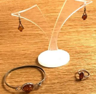 Vintage Honey Amber W/inclusions Silver Jewellery Bangle Earrings & Ring 11.  85g