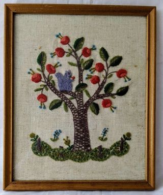 Vintage Crewel Embroidery Needlepoint Framed Picture Squirrel In Fruit Tree 11x9