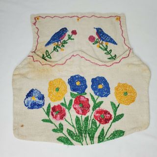 Vintage Handmade Embroidered Clothes Pin Bag Holder Flowers Blue Birds Cottage