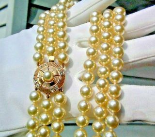 Fabulous Vintage Glass Knotted Pearl Beads 3 Strand Necklace Goldfilled Clasp