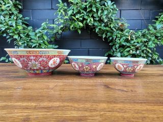 Vintage Chinese Mun Shou Longevity Famille Rose Porcelain Bowls Set Of 3