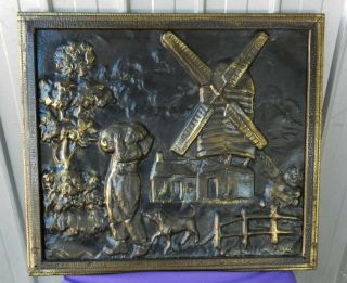 Fireplace Spark Screen Copper/brass With Windmill And Man Vintage