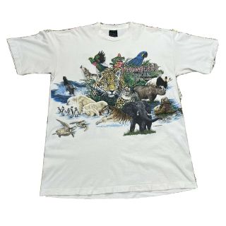 Vintage 90s Habitat Endangered Species 2 Sided White T Shirt Animal Tee Men 