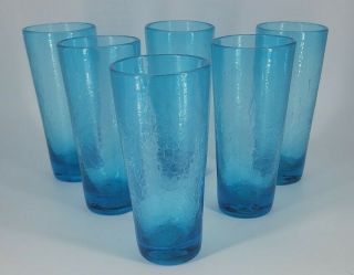 Vintage Peacock Blue Crackle Glass Hand Blown Drinking Glasses Tumblers Barware