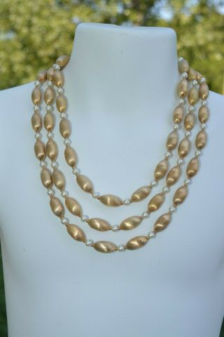 Vtg.  Napier Faux Pearl Shiny Gold Tone Textured Beaded Triple Row Necklace
