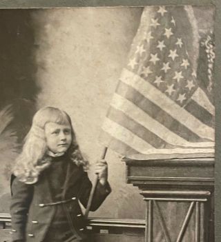 Cabinet Photo Child Long Hair Holding American Usa Flag Patriotic Americana Old