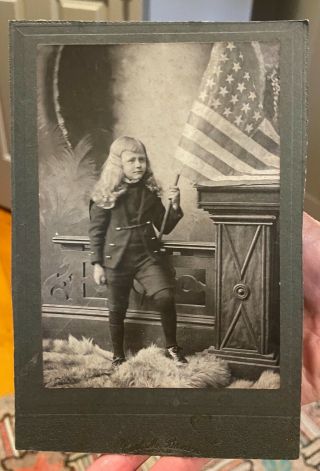 Cabinet Photo Child Long Hair Holding American USA Flag Patriotic Americana OLD 2