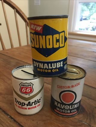 Sunoco Dynalube,  Havoline,  Phillips 66 Oil Can Bank Vintage.  Mini.