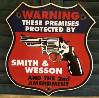Vintage Since 1852 Protected By Smith & Wesson Porcelain Gun Sign Ammunition