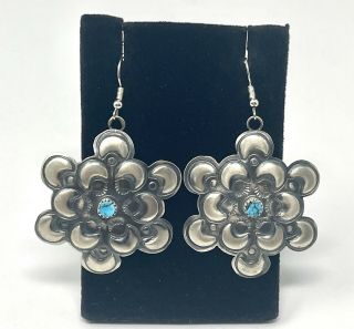 Vtg Navajo Sally Yazzie Sterling Silver Turquoise Dangle Hook Earrings (12.  2g)
