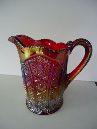 Vintage Heirloom Daisey Carnival Glass Iridescent Red 8 " Pitcher