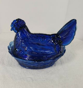 Vintage Glass Cobalt Blue Hen On A Nest Candy Dish 6 " Long