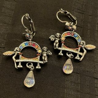 Rare Vintage Kirks Folly Cherub Angel Fairy Rainbow Dangle Earrings Ab Crystal
