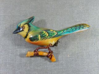 Vtg Takahashi Blue Jay Bird Hand Painted Carved Wood Brooch With Push Pin Back