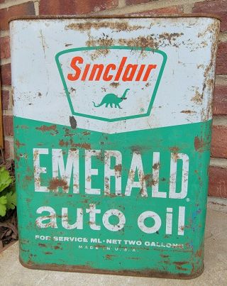 Vtg Advertising Sinclair Emerald Motor Oil 2 Gallon Tin Gas Can Dino Graphic