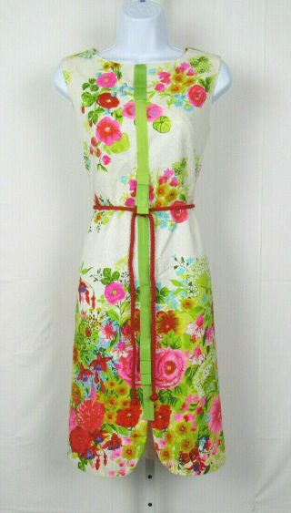 Vtg 1950s 60s Dollie By Serbin Floral Dress Size 12 Cotton Blend Rope Belt