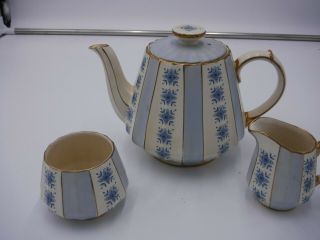 Vintage Sadler England Teapot,  Creamer,  Sugar Bowl,  White & Blue W/flowers,  3010