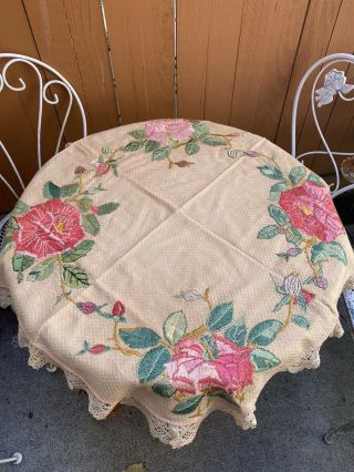 Vintage Antique Small Tablecloth Hand Embroidered Large Roses