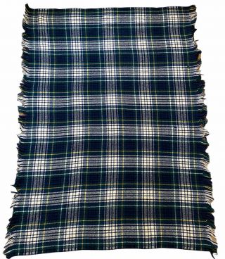 Vtg Pendleton Wool Throw Blanket Green Blue Plaid Fringe Made In Usa 64”x 48”