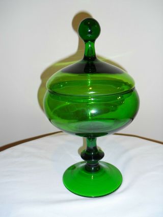 Vintage Hand Blown Crystal Green Glass Empoli Lidded Compote Candy Dish 11 - 1/2 "