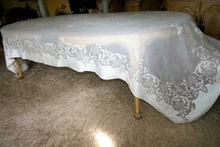 Vintage Madeira Linen & Organdy H Embroidery Applique 126 " Banquet Tablecloth