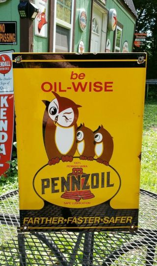 Pennzoil Oil Wise Porcelain Sign Store Display Vintage Style Pump Liberty Bell