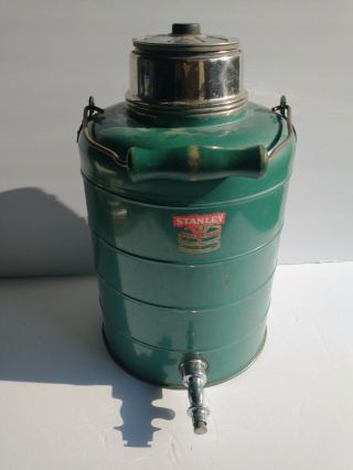 Vintage 1954 Stanley Camping Water Jug Cooler Wooden Handle Green Metal W/spout