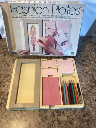 Vintage 1978 Tomy Fashion Plates Design Kit With Rubbing Crayon Frame
