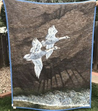 Vintage Biederlack Blanket Geese Flying Soaring Made In The Usa Throw 74x57