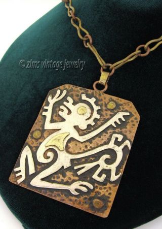 Vintage Old Mexican Casa Maya Mixed Metal Copper Silver Monkey Pendant Necklace