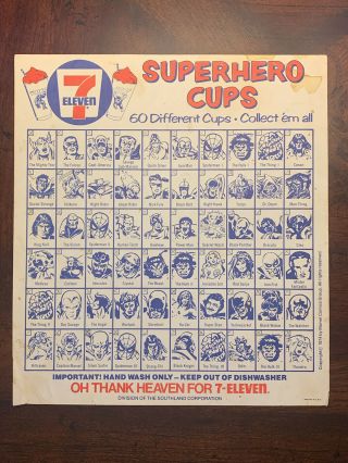 Vintage 1974 7 - 11 7 Eleven Marvel Superhero Slurpee Cups Checklist