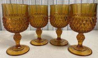 Vintage Indiana Glass Amber Diamond Point Goblets Set 4