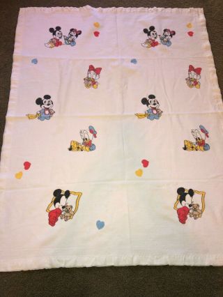 Vtg Dundee Disney Mickey Mouse Babies Cotton Flannel Satin Trim Comfort Blanket