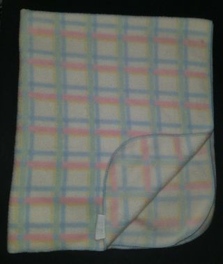 Vtg Red Calliope Pastel Baby Blanket Pink Blue Yellow White Plaid Acrylic Flaw