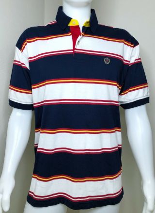 Vtg 90s Tommy Hilfiger Mens Stripe Multi Color Polo Shirt L Blue White
