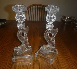 Pair Clear Glass Koi Fish Dolphin Candlesticks Candle Holders Mma Imperial Vtg