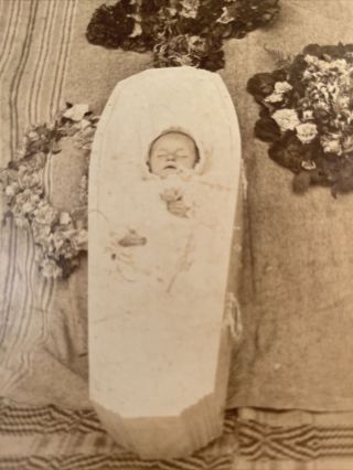 Vintage Baby in Casket Post - Mortem Memorial Photograph Cabinet Card Flowers 2