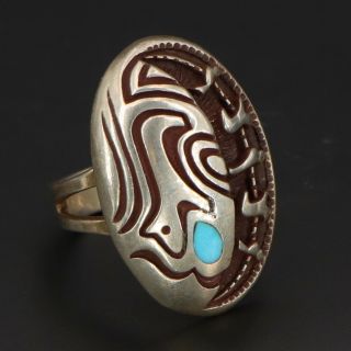Vtg Sterling Silver - Navajo Turquoise Fetish Bear & Birds Ring Size 6.  5 - 11.  5g