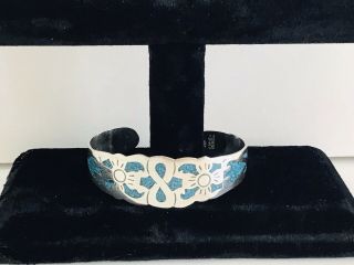 Vintage Sterling Silver Turquoise Inlay Cuff Bangle Bracelet Mexico Tg - 110 Sign