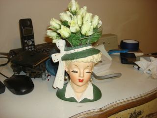 Napco Lady Head Vase Planter C2633b Lucy Lucille Ball Green Hat 1956 Vintage 6 "