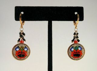 Vintage Micro Mosaic Red - Blue - Black - Gray Round Redesigned Dangling Gf Earrings