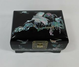 Vintage Japanese Black Lacquer Abalone Inlay Cranes Birds Music Jewelry Box