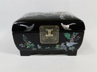 Vintage Japanese Black Lacquer Abalone Inlay Cranes Birds Music Jewelry Box 2