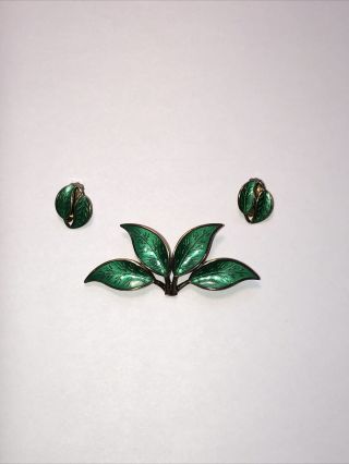 Vtg David Andersen D - A Norway Sterling Silver Green Enamel Pin & Clip Earrings