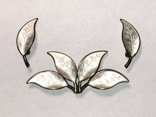 Vtg David Andersen D - A Norway Sterling Silver White Enamel Pin & Clip Earrings